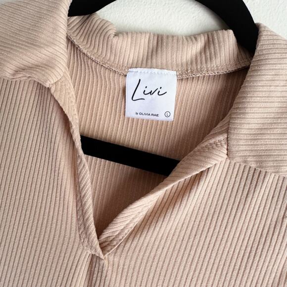 Livi Tan Beige Sleeveless Ribbed Collared V Neck Mini Dress - Large - Picture 2 of 5